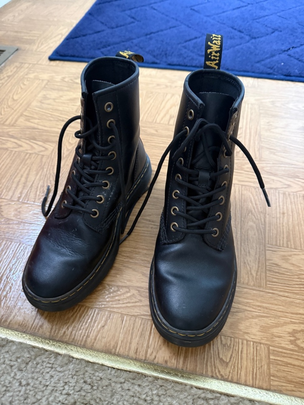 Dr. Martens Black Leather 8-Eye Lace-Up Boots with Yellow Stitching